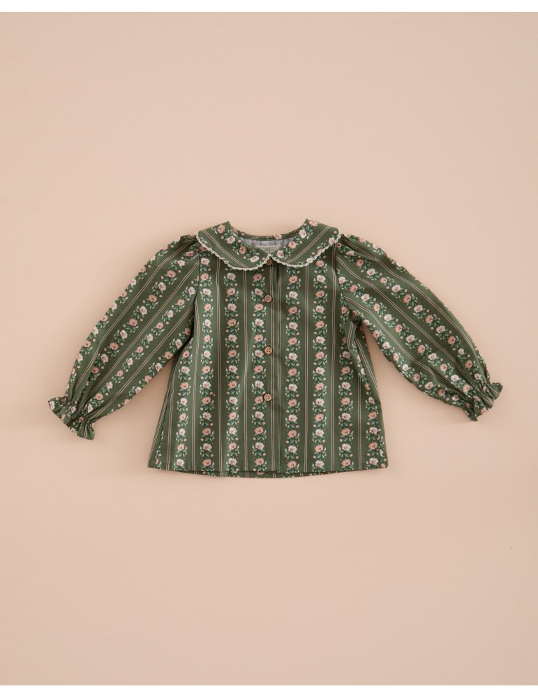 MI CANESÚ TIENDA Camisa Pétalos Raya Flor Verde Musgo Mi Canesú