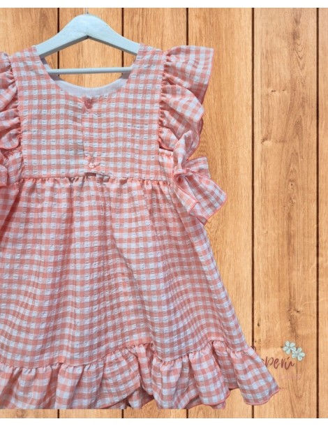 MON PETIT BONBON  TIENDA Vestido Vichy Grande Melocotón Lazos Mon Petit