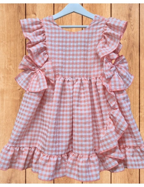 MON PETIT BONBON  TIENDA Vestido Vichy Grande Melocotón Lazos Mon Petit