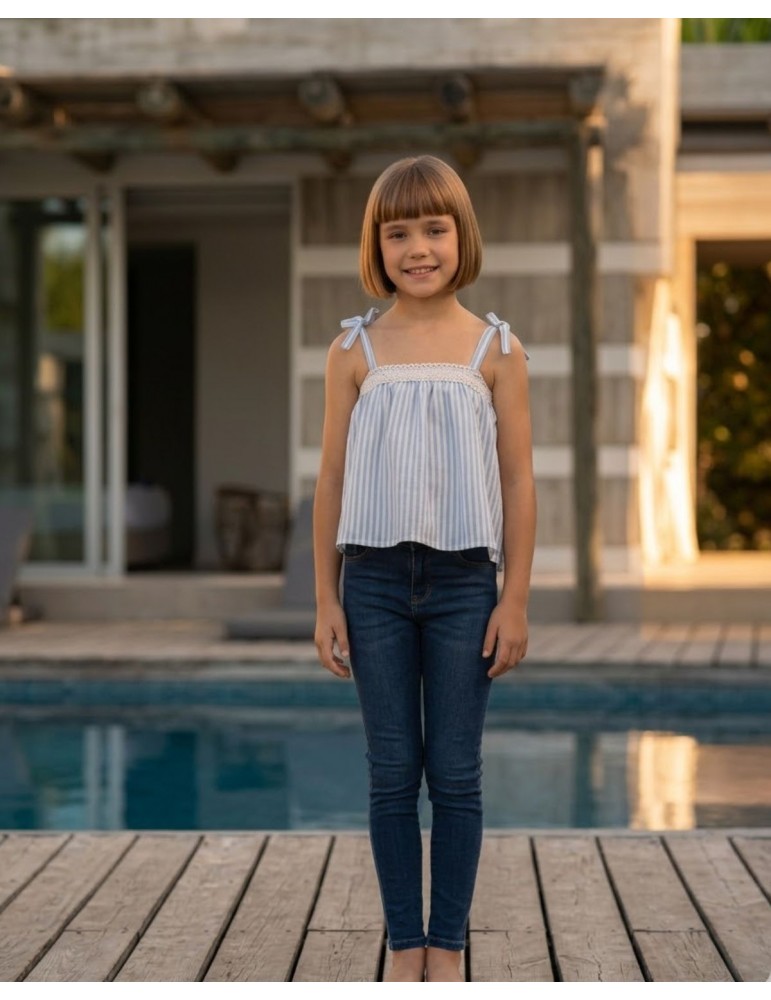 MI CANESÚ TIENDA Top Puntilla Rayas Azul Cielo Mi Canesú