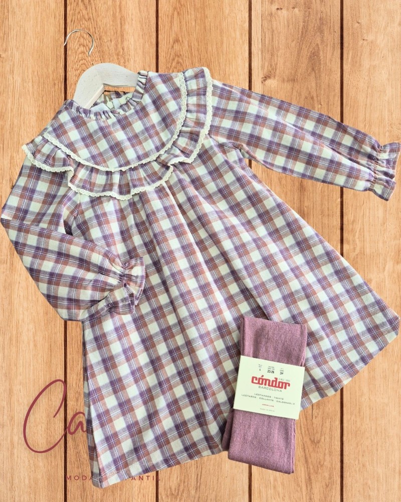 Vestido de Niña de Cuadros Morado y Teja
