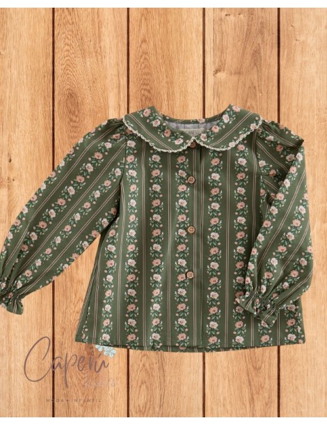 Camisa Pétalos Raya Flor Verde Musgo Mi Canesú