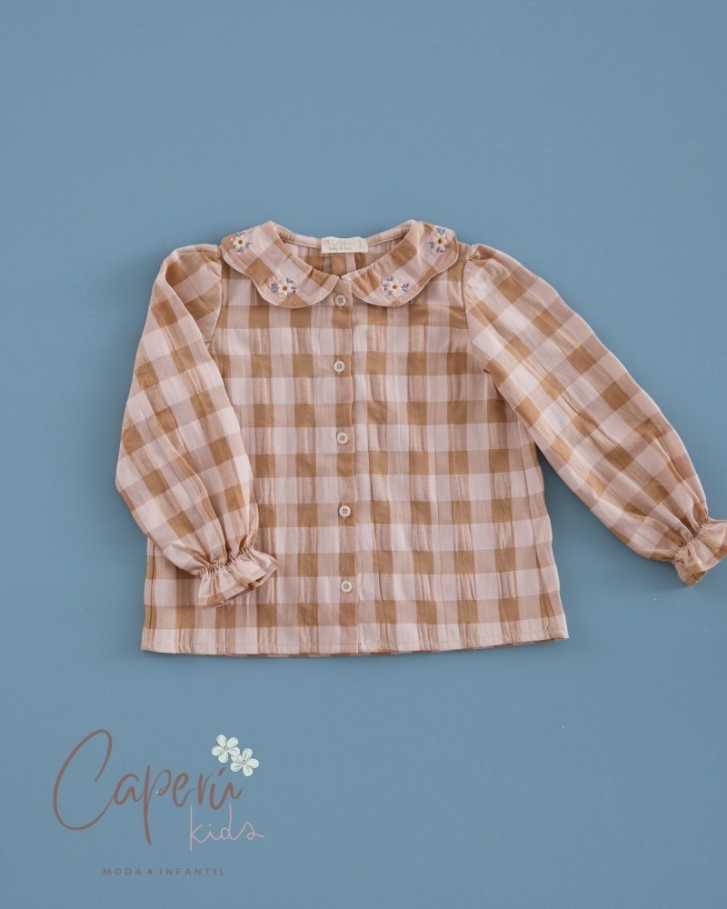 Camisa Pétalos Bordada Vichy Cinnamon Mi Canesú