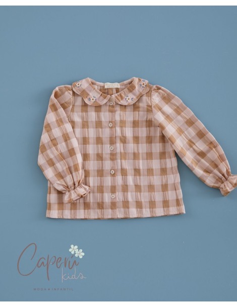 Camisa Pétalos Bordada Vichy Cinnamon Mi Canesú