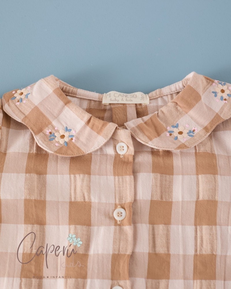 Camisa Pétalos Bordada Vichy Cinnamon Mi Canesú