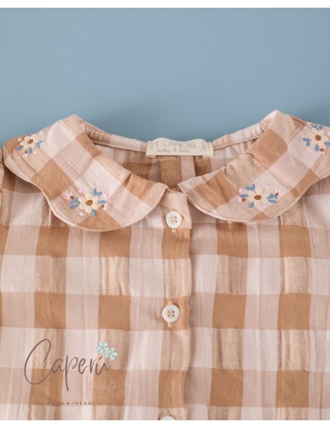 Camisa Pétalos Bordada Vichy Cinnamon Mi Canesú