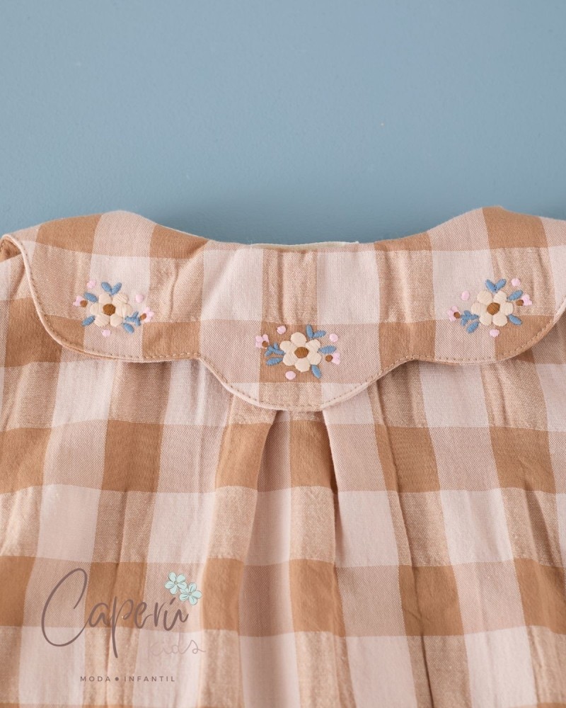 Camisa Pétalos Bordada Vichy Cinnamon Mi Canesú