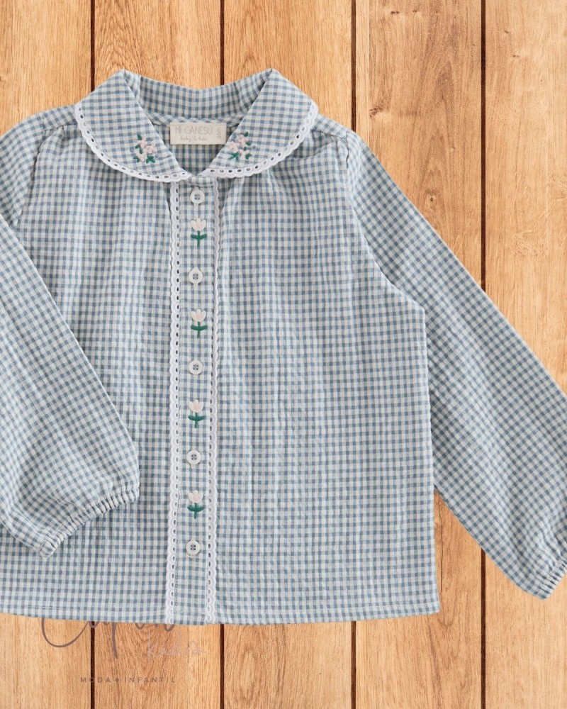Blusa Bordados Minivichy Azul Denim Mi Canesú