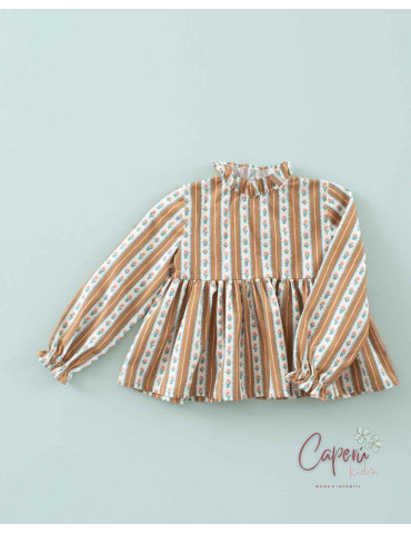 ¡Nuevo! Blusa Peplum Rayas Flor Tofee Mi Canesú