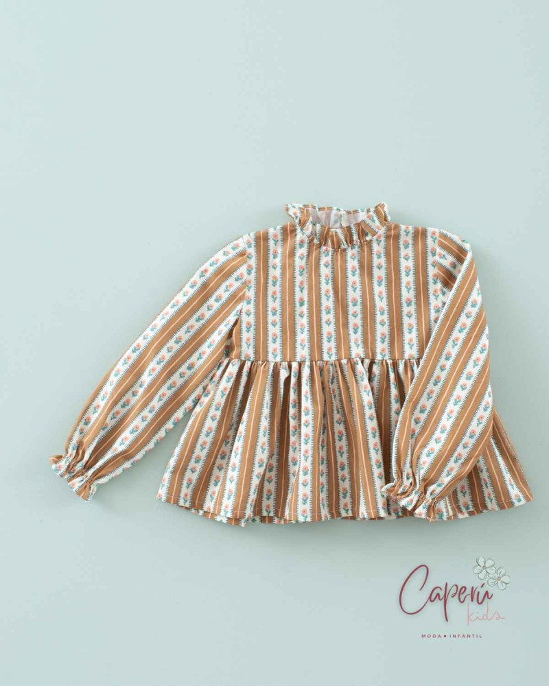 ¡Nuevo! Blusa Peplum Rayas Flor Tofee Mi Canesú