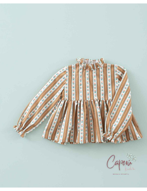 ¡Nuevo! Blusa Peplum Rayas Flor Tofee Mi Canesú