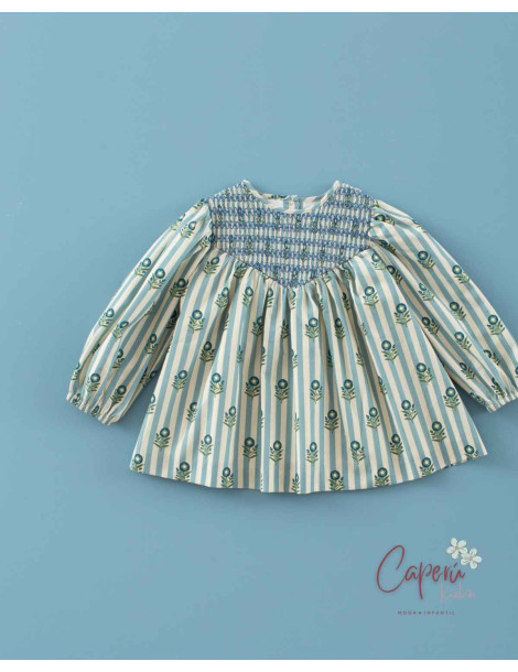 Comprar Vestido Rayas Flor de Té Mi Canesú | Caperú Kids