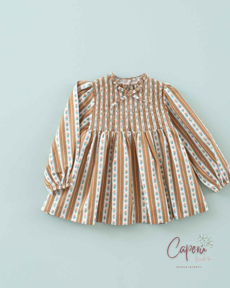 Adquiere el Vestido Rayas Flor Toffee Mi Canesú Online