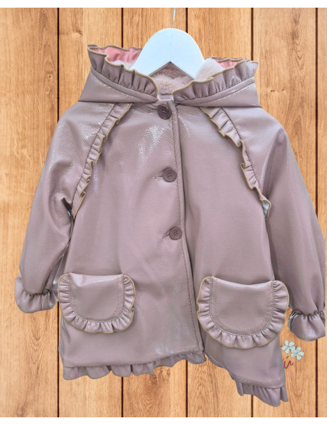 Abrigo Charol Capucha Volante Rosa Camel La Martinica