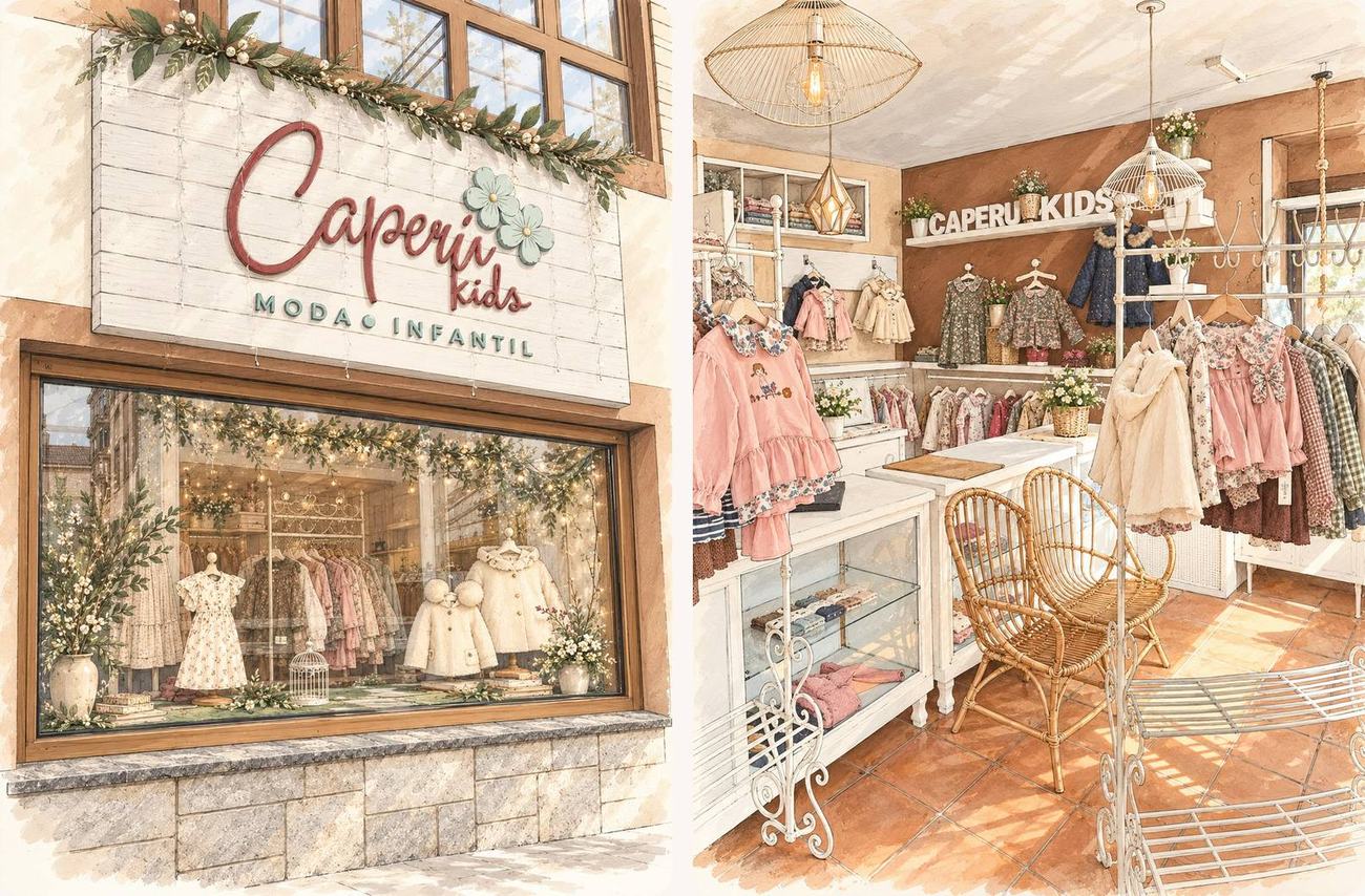 Escaparate e interior de la tienda Caperú Kids de moda infantil en Colombres, Asturias